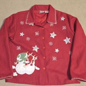 TAKE TWO WOOL BLEND CHRISTIMAS LINED JACKET SNOWMAN VINTAGE  RED WOMENS LARGE